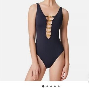 Bleu Rod Beattie Black and Gold One-Piece Swimsuit with Strappy V-Neck